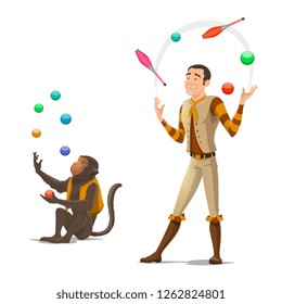 Circus juggler with trained monkey juggling balls and clubs. Vector isolated circus animals and equilibrist man performance