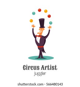 Circus juggler in a tuxedo juggles colored balls. Vector illustration. Isolated on a white background.