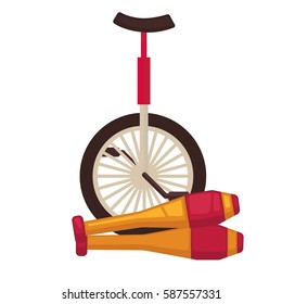 Circus juggling and equilibristics tools. Juggle clubs and monocycle unicycle bike. Vector flat icons