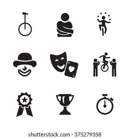 Circus And Juggling Icons (unicycle, Bicycle, Escapology, Shirt, Acrobatics,cabaret,  Comedy, Awards). Vector Illustration