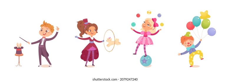 Circus Kid Character, Boy Girl Child Performing Show Set Vector Illustration. Cartoon Juggler Acrobat Juggling With Balls, Clown Jumping, Magician Showing Tricks, Animal Dog Trainer Isolated On White