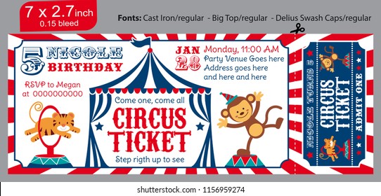 Circus kids party. Ticket invitation birthday. Clown, the tiger and the jumping monkey. red