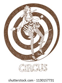 Circus knife thrower's board and girl assistant in a circus suit. Vector illustration on white background