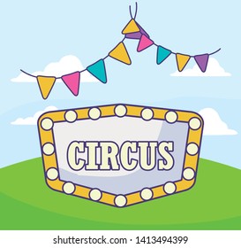 circus label with light and garlands hanging