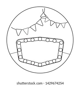 circus label with light and garlands hanging in frame circular