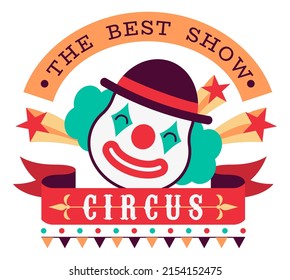 Circus label. lown face with text on ribbon, show invitation card, carnival welcome poster, retro festive performance banner, kids party greeting, flyer template, vector illustration