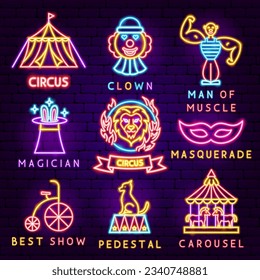 Circus Label Set. Vector Illustration of Entertainment Festival Glowing Concept.