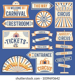 Circus labels carnival show banner vintage label elements for circus design on the party theme. Collection of symbols old-style fashioned festive party emblems and logos fun tag graphic illustration