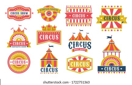 Circus labels flat icon collection. Retro posters and banners for circus show vector illustration set. Entertainment and event festival concept