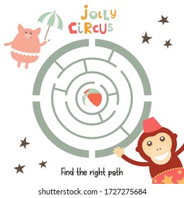 Circus Labyrinth. Help Monkey and Piggy Find the Right Path to Ball. Games for Preschool, Kindergarten, School. Vector Illustration. Maze Game.