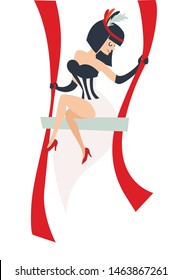 Circus lady aerial hoop vector illustration. Aerial silks performers, retro costume.  Cartoon art isolated background in retro style