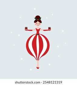 Circus lady, Christmas ballerina, presents. Grey background with stars