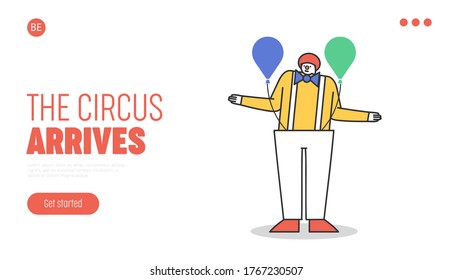 Circus landing page with clown in funny costume and wig holding air balloons on white background. Carnival party or festival event concept. Template flat vector illustration