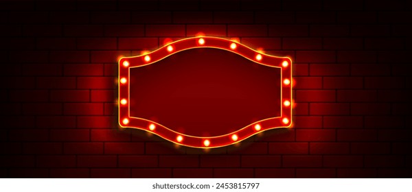 Circus light frame for retro casino billboard sign. Cinema show marquee banner with neon bulb border. Vintage broadway signboard on red brick wall background with spotlight. Luxury glowing design