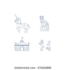 Circus line art icons with tiger horse tent and dogs. Vector illustration