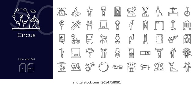 Conjunto de ícones editáveis de linha de circo. Ilustração vetorial no estilo de linha fina moderna de ícones do Circo do Usuário: teatro, drama, palco, etc