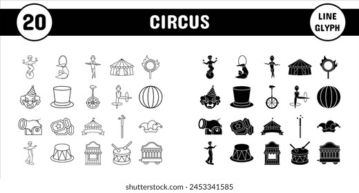 Circus Line Ilustración vectorial de glifo Pegatina Set Diseño Materiales