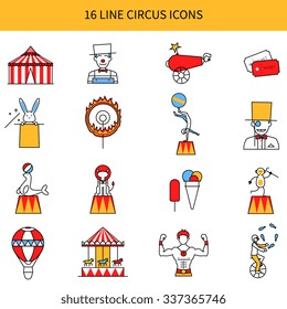  Circus line icons set with clown animal and tricks symbols flat isolated vector illustration 