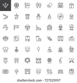 Circus line icons set, outline vector symbol collection, linear style pictogram pack. Signs, logo illustration. Set includes icons as magician, strongman, clown, magic trick, mask, unicycle, carousel