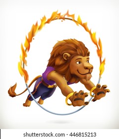 Circus lion jumping through a flaming hoop, fire show, vector icon mesh