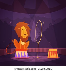 Circus lion jumping through a ring on the stage cartoon vector illustration 