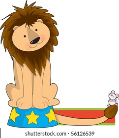 A circus lion sitting on a stand looking at a mouse it's tail. It is shaped like the letter L