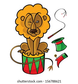 Circus lion trainer drum top hat whip boot eat