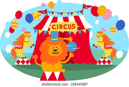 Circus lion vector illustration, with colored balloons and red and white circus tent. Also, circus banner and horses.