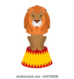 Circus lion. Wild cruel animal sitting on pedestal. Big Serious beast. Predator with shaggy mane on hippodrome stand
