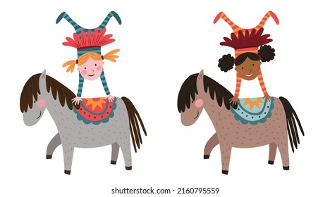 Pequeña acróbata de circo sobre un caballo de fondo blanco. Ilustración vectorial dibujada a mano del circo.