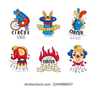 Circus Logo Design with Bear on Bicycle, Top Hat, Clown and Elephant Vector Set