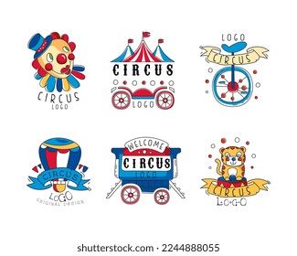 Circus Logo Design with Clown, Tent, Monocycle, Balloon, Tiger and Waggon Vector Set