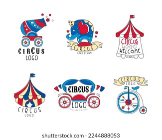 Diseño de logotipo de circo con conjunto de vectores de marqués, elefante, cañón y monociclo