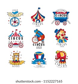 Circus logo design set, colorful emblems for amusement park, festival, party, creative template of flyear, posters, cover, banner, invitation hand drawn vector Illustrations on a white background