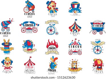 Circus logo design set, colorful emblems for amusement park, festival, party, creative template of flyear, posters, cover, banner, invitation hand drawn vector Illustrations on a white background