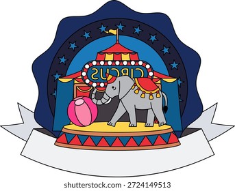 Un logo de circo con un elefante y una carpa de circo