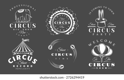 El conjunto del logotipo del circo presenta un elefante, un aro de fuego, una tienda de rayas, bolas de malabares y un sombrero mágico aislado en negro. Antiguas carnaval y circo de la marca o decoración del festival. Ilustración vectorial