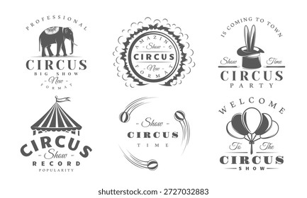 El conjunto del logotipo del circo presenta un elefante, un aro de fuego, una tienda de rayas, bolas de malabares y un sombrero mágico. Antiguas carnaval y circo de la marca o decoración del festival. Ilustración vectorial