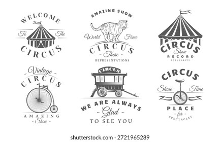 El sistema del logotipo del circo presenta las tiendas rayadas, el tigre entrenado, el carro del circo, la bicicleta retro y el monociclo. Marca de carnaval de Antiguas o decoración de festival. Ilustración vectorial