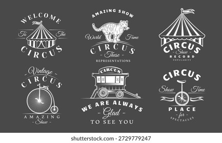 El sistema del logotipo del circo presenta las tiendas rayadas, el tigre entrenado, el carro del circo, la bicicleta retro y el monociclo aislados en negro. Marca de carnaval de Antiguas o decoración de festival. Ilustración vectorial