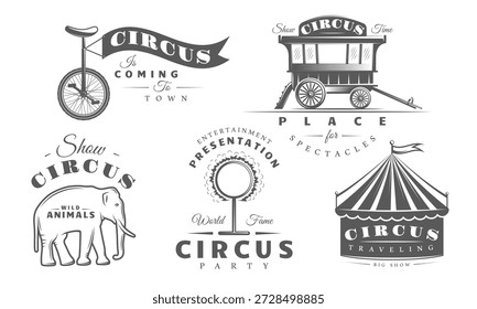 El sistema del logotipo del circo muestra una tienda rayada, elefante salvaje, carro del vintage, aro del fuego y monociclo con la bandera. Antiguas carnaval y circo de la marca o decoración del festival. Ilustración vectorial