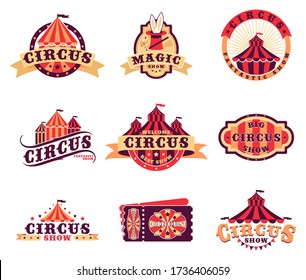 Logo del circo y emoticones. Se puede usar para los conceptos de carnaval, feria, magia. Ilustraciones vectoriales para el diseño de etiquetas, afiches y banners del festival