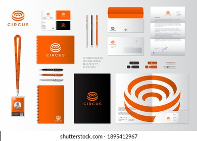 Circus logo for tourism and historical travel agency. Amphitheater icon, symbol of ancient art. Identity, corporate style. Badge, envelope, letterhead, letter, folder, notebook, business card.