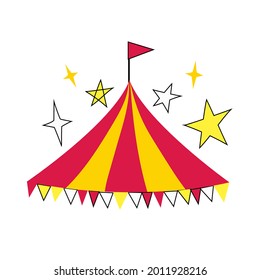 Logo del circo en amarillo, rojo, blanco y negro, estilo doodle. Ilustración vectorial de material aislada en fondo blanco.