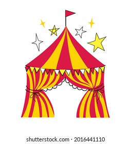 Circus logo in yellow, red, white and black, doodle style. Stock vector illustration isolated on white background.
