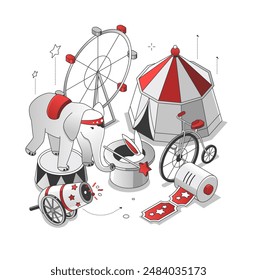 Circus magic - isometric black and red line illustration. Clean, stylish art with thin fine design. Lets start the show. Come closer, you will see incredible animals, magic tricks and illusions