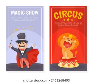 Circus Magic Show Banner Design with Lion and Magician Vector Template