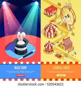 Circus magic show and carnival fairground 2 isometric vertical banners webpage design with striped tents Isolated vector illustration 