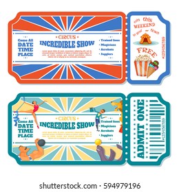 Circus magic show entrance tickets templates. Vector illustration