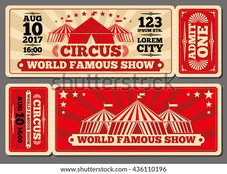 Circus magic show entrance vector tickets templates. Ticket for entrance to circus and illustration template ticket to event